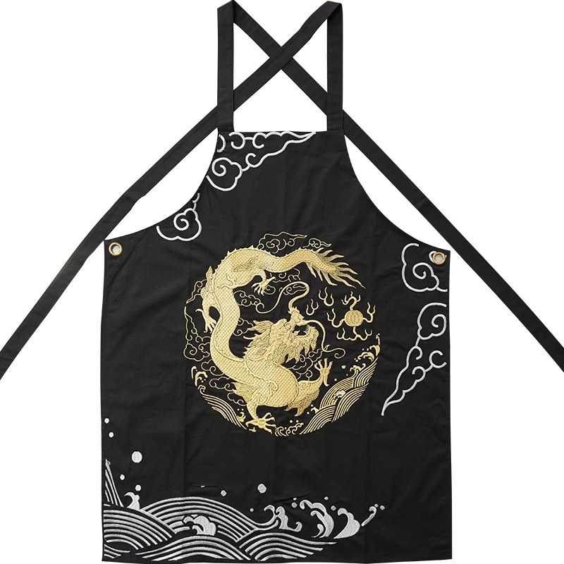 龍鳳刺繡創(chuàng)意帆布廚房圍裙男復(fù)古中國風(fēng)廚師中式女時(shí)尚高端高檔