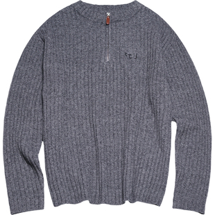 STILLYOU复古韩系半拉链套头圆领毛衣女宽松慵懒坑条纹针织毛衫