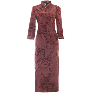 高档中式植绒旗袍长款2025新款高端大气上档次日常可穿长袖连衣裙