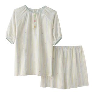 棉花糖彩条睡衣女款夏季薄款甜美纯棉纱布短袖短裤宽松家居服套装