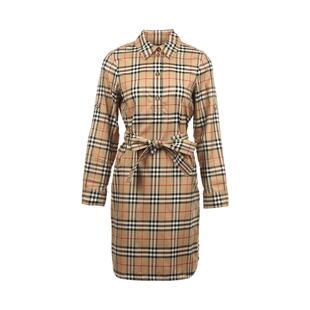 【自营】BURBERRY/博柏利女士经典衬衫领格子单排扣长袖连衣裙