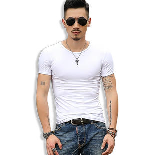 2件】冰丝棉莫代尔短袖t恤男夏季黑色修身打底衫紧身纯色白色半袖