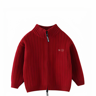 女童2025新款针织针织衫男童立领秋冬拉链开衫外套儿童红色毛衣