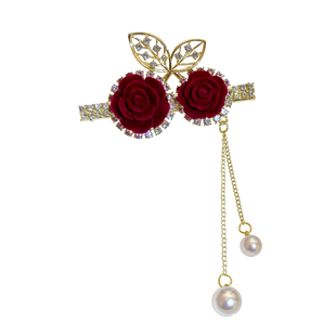 红色丝绒发夹满钻轻奢风蝴蝶结边夹网红闪亮镶钻后脑勺流苏鸭嘴夹