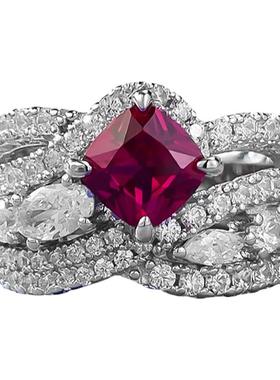 澄一珠宝・S925银一克拉法式复古鸽血红刚玉6*6肥方豪镶满钻戒指