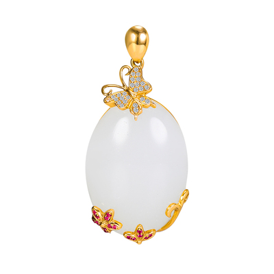 和合玉器和田玉羊脂白玉18k金镶玉钻蛋面项链玉石挂件吊坠山料女