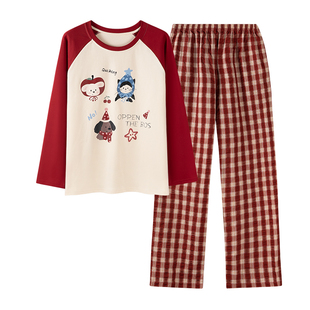 芬腾可安睡衣女款冬季纯棉布料100全棉女士长袖格子家居服春秋天