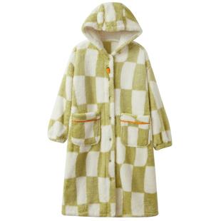 红豆绒柔软舒适女士睡袍可爱珊瑚绒加厚保暖秋冬连帽居家长款浴袍