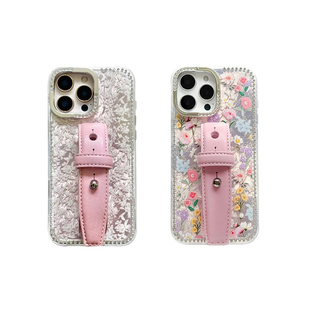 蕾丝纹闪钻镜头少女粉豆豆钉皮带手机壳系列适用苹果17promax手机壳腕带新款iphone16/15系列便携设计