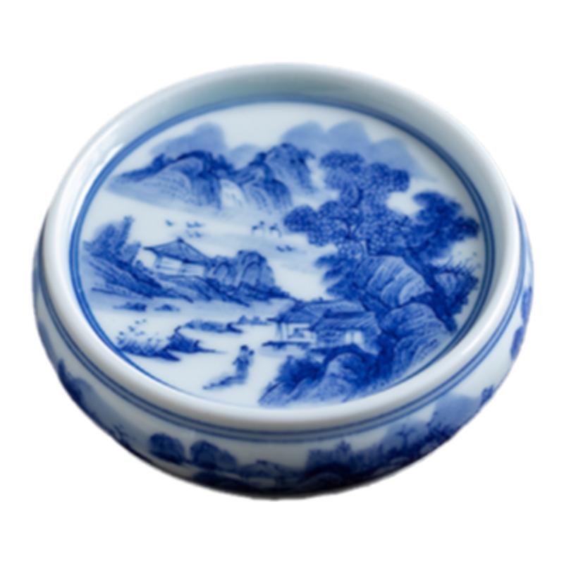 手绘山水青花鱼陶瓷茶壶盖