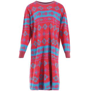 Ground Show/阁兰秀红蓝提花针织连衣裙毛衣圆领套头宽松遮肉中长