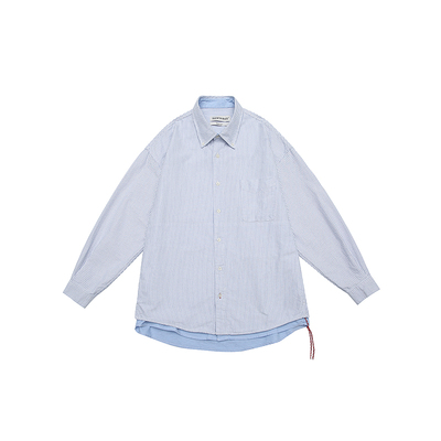 Quentin Marx日系纯棉男士假两件条纹衬衫长袖衬衣宽松休闲潮牌秋