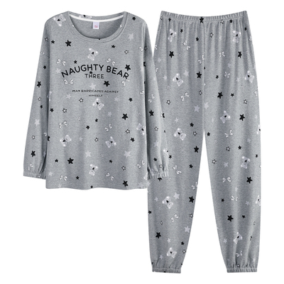 100%纯棉长袖加厚灰色睡衣女秋冬季大码可外穿宽松休闲圆领家居服