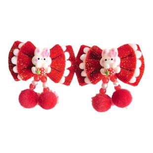 2026新款古风汉服头饰儿童喜庆发饰草莓兔兔流苏对夹大红新年发卡