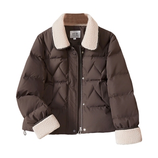 她池短款羽绒服2025冬季新款女装时尚撞色翻领长袖通勤宽松款上衣