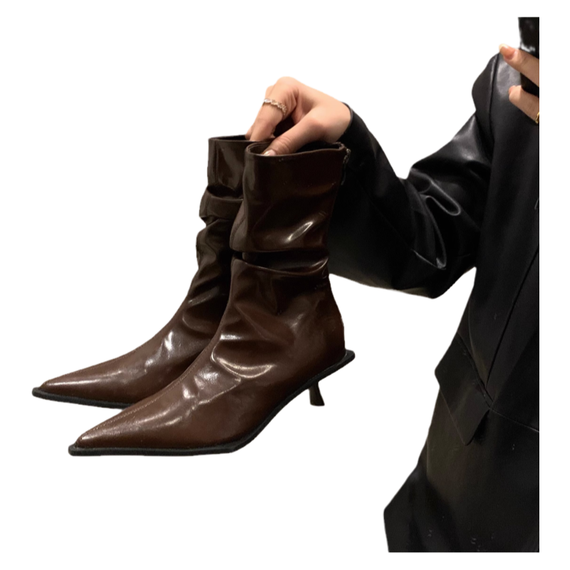 法式气质高跟瘦瘦短靴女2025春秋季尖头细跟马丁靴百搭单靴中筒靴