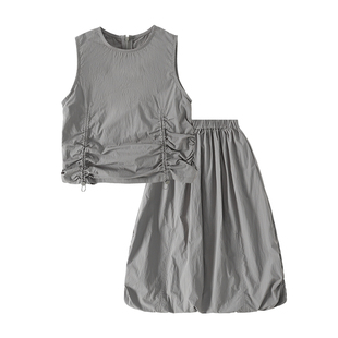 淘町女童夏季机能风套装新款女孩洋气儿童大童女装背心花苞工装裙