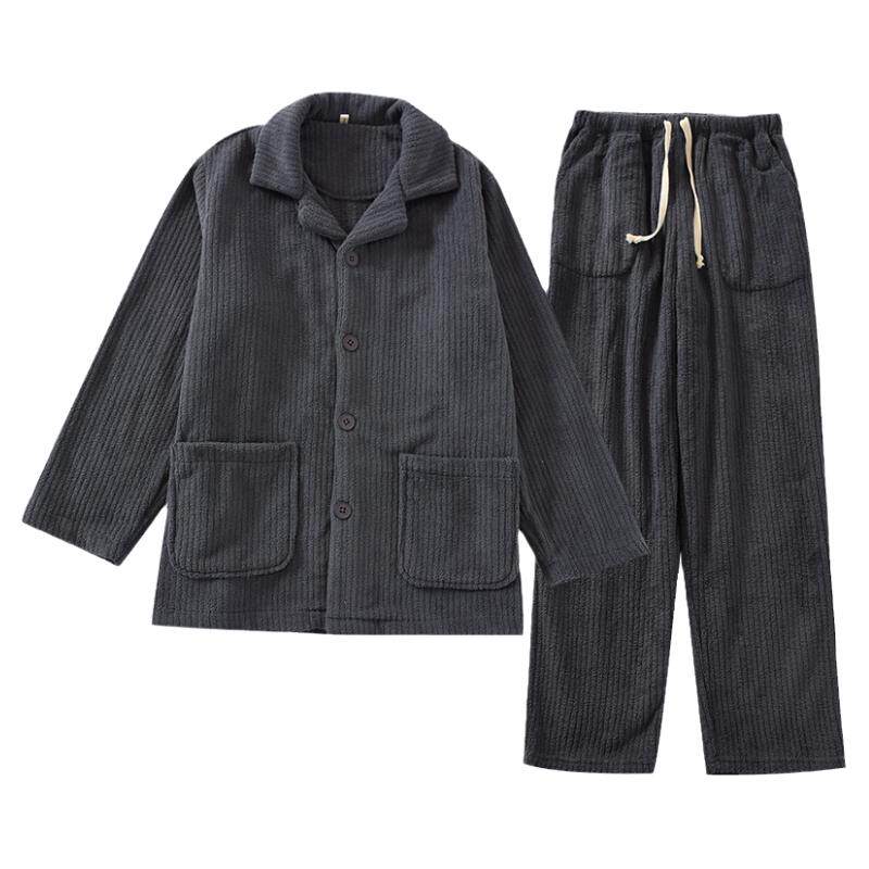 加厚保暖法兰绒坑条家居服套装男