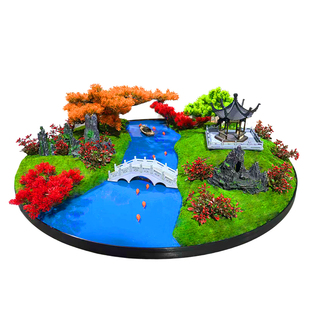 酒店大园桌转盘中间摆花摆件新中式仿真花装饰品山水景观餐厅商用