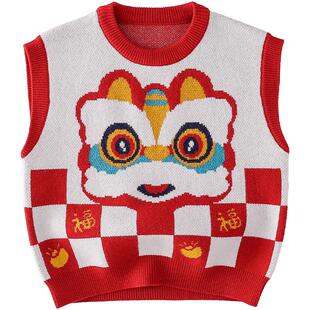 棉花堂儿童马甲童装男童拜年服女童毛衣抗静电宝宝红色过年服背心