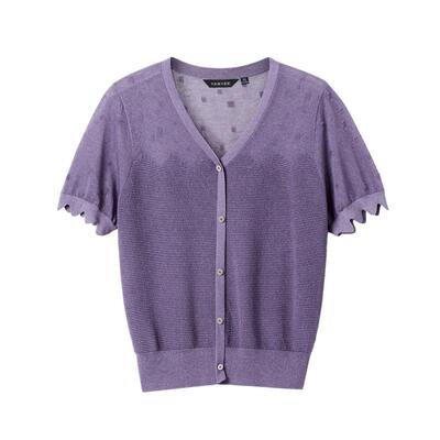 颜域短款镂空针织衫女夏装2026新款短袖设计感长袖花边V领上衣女