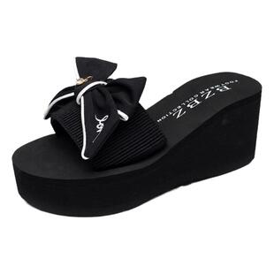 拖鞋女夏厚底蝴蝶结一字拖鞋韩版高跟时尚休闲沙滩鞋外穿坡跟凉拖