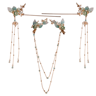 汉服头饰女全套成人古风绿色流苏后压发簪步摇插梳一套发饰秋冬款