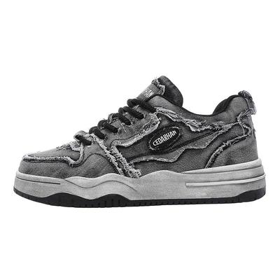 板鞋男款2025新款冬季做旧水洗牛仔布青少年厚底运动休闲面包男鞋