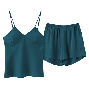 芝桃鸟夏季冰丝绸睡衣女自带胸垫吊带短裤家居服两件套2026年新款