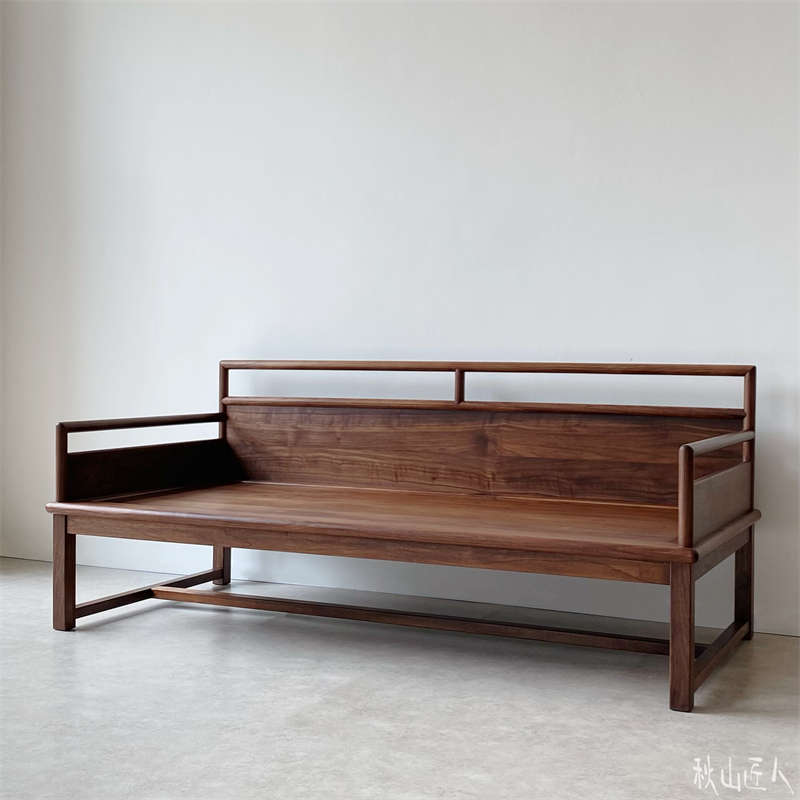 秋山匠人新中式明式黑胡桃木罗汉床实木沙发榻客厅家具禅意贵妃榻