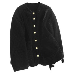 黑色菱格绗缝丝绒前口袋宽松圆领夹棉加厚外套长袖女棉衣棉服H587