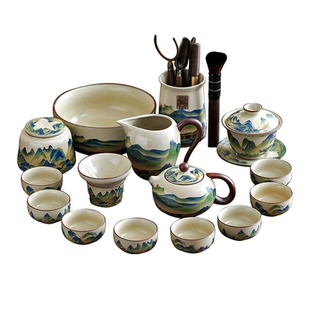 万里山河汝窑西施壶功夫茶具套装高档泡茶壶茶杯整套送长辈礼盒装