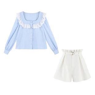 韩系甜美蓝色格子衬衫女春季2025年设计感小众娃娃衫短款蕾丝上衣