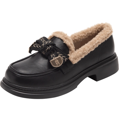 达芙妮羊羔绒乐福鞋女黑色复古