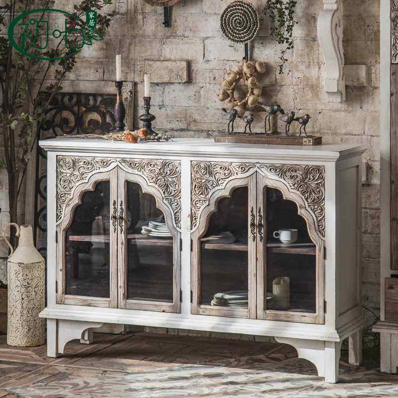 复古做旧玻璃橱柜婚庆装饰餐边柜木质柜子 置物柜家用客厅茶水柜
