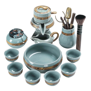 哥窑懒人功夫茶具套装家用客厅自动泡茶壶防烫石磨冲茶器茶杯高档