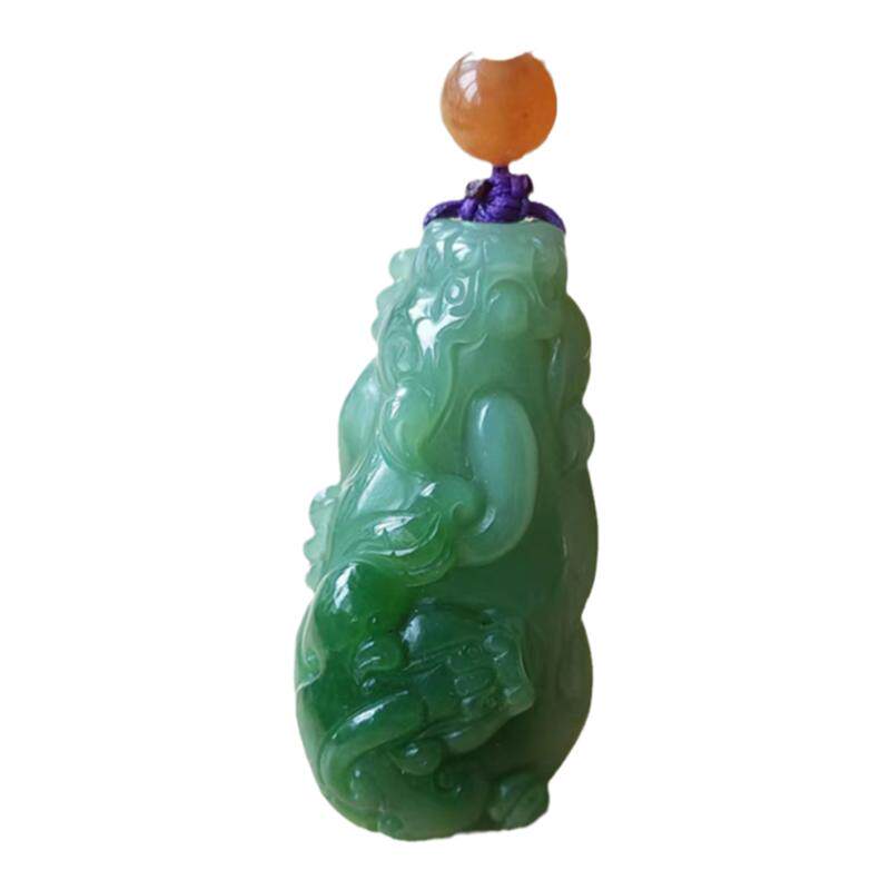 精品俄料碧玉白加绿貔貅吊坠 双色双貔貅翠绿配渐变玉珠绳毛衣链