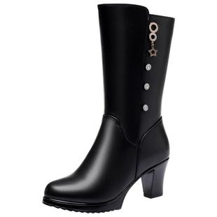 中筒靴女真皮高跟加绒妈妈靴子粗跟时尚中年女鞋冬季棉鞋羊毛皮鞋