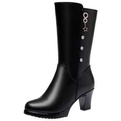 中筒靴女真皮高跟加绒妈妈靴子