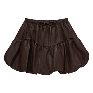 VIVICATHY2025秋冬美式复古PU皮半身裙女高腰显瘦蓬蓬花苞短裙