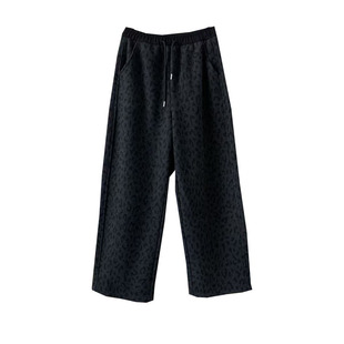摩登加绒深灰色豹纹弯刀休闲裤卫裤冬松紧腰显瘦慵懒直筒阔腿裤女