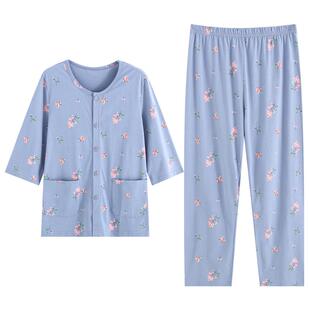 纯棉中老年妈妈夏装睡衣睡裤套装老人薄款家居服女短袖长裤两件套
