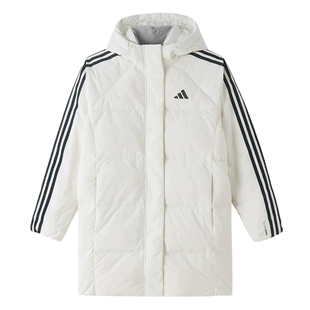 adidas阿迪达斯长款连帽羽绒服女子三条纹及膝保暖冬装外套LE4999