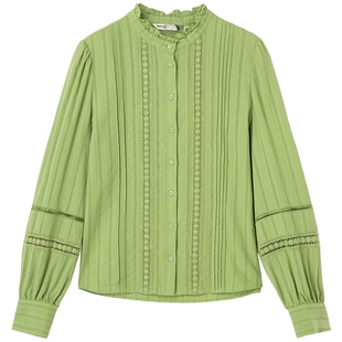 布景衬衫女春季新款花边立领蕾丝镂空设计感小众长袖纯棉衬衣0208