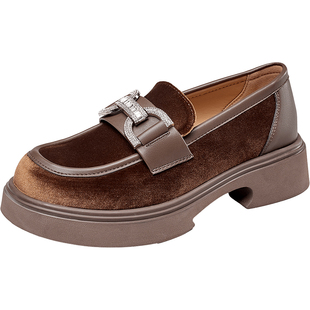 意尔康绒面乐福鞋女2025秋季新款金属扣厚底松糕底高跟圆头小皮鞋