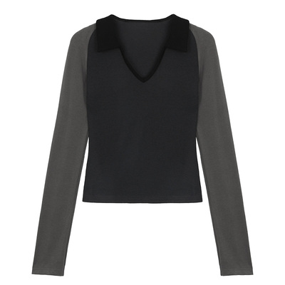 连翻领拼色插肩加长袖T恤