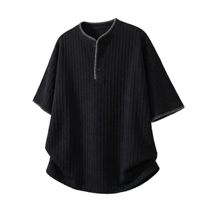 WASSUP美式复古老钱风亨利领针织短袖t恤男夏季宽松情侣半袖上衣