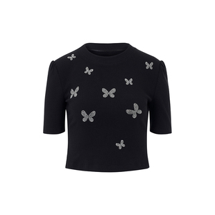 AS DALIO春夏精致黑色针织小蝴蝶烫钻上衣正肩显瘦短款修身T恤女