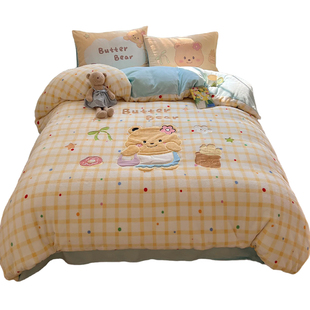 黄油小熊牛奶绒四件套可爱加绒被套儿童卡通珊瑚绒床单宿舍三件套