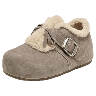 甜美加绒粉红色勃肯鞋女冬季保暖毛毛鞋内增高平底一脚蹬棉鞋扣带